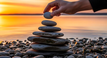 Man's Hand Putting Gravel, Stone Tower Personal Development, Concept of Self-Improvement, Building Growth Strategy