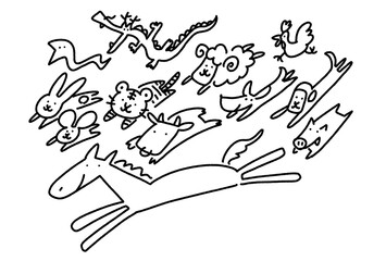 Obraz premium 干支の馬と一緒に走るかわいい十二支の動物達 2026 手描き モノクロ