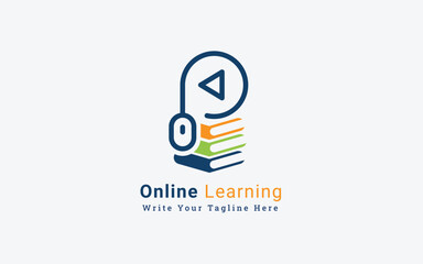 Online Video Course Logo with Books and Mouse Play Button Vector Illustration