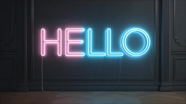 Vibrant Hello Neon Sign Glowing Pink Blue on Dark Wall Perfect for Modern Greetings and Welcoming Messages in Dynamic Video Content