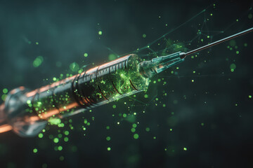 Futuristic syringe filled with glowing green liquid, surrounded by digital particles, symbolizes advanced medical technology and innovation. image conveys sense of cutting edge science