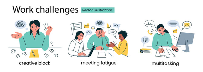 Vector illustration collection with flat cartoon people in office scenes, work challenges, creative block, meeting fatigue, multitasking stress set, characters with burnout emotion, productivity theme