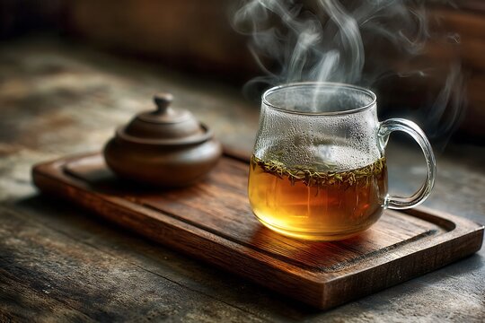 Hot tea with steam on wooden tray - Powered by Adobe