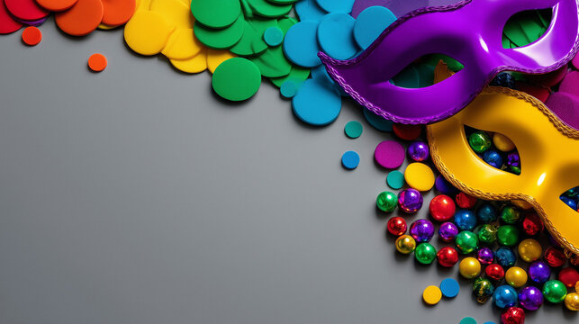 Top View Carnival Mardi Gras Flat Lay Mockup with Masks and Beads

