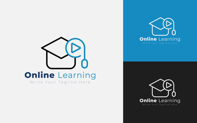 Minimalist Line Art Online Education Cap and Play Button Vector Illustration