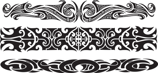 Fototapeta premium Set of three distinct tribal art borders featuring intricate stylized patterns in black and white, perfect for decorative graphic designs, cultural motifs, and artistic embellishments