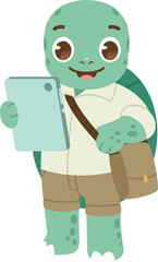 Cute turtle character posing as a guide with tablet in hand