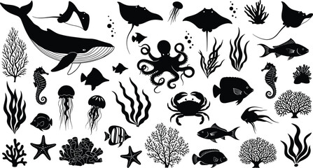 Underwater marine life vector set, black sea creature silhouettes, ocean animals and coral design, aquatic nature elements, scuba diving graphic collection