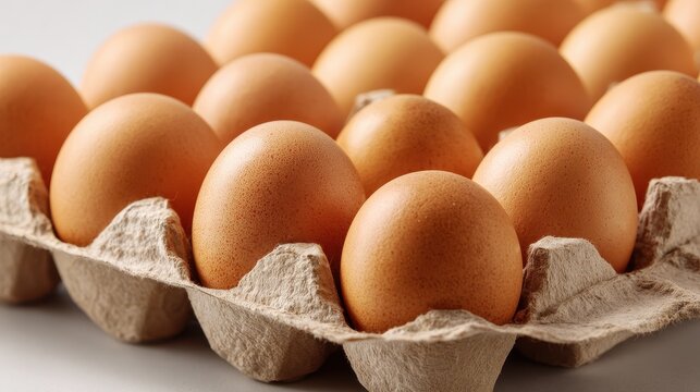 Fresh brown eggs in a carton, close-up, healthy food ingredient