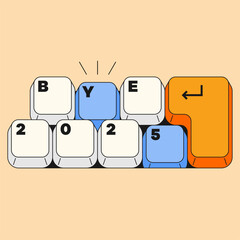 Keyboard Keys Forming &ldquo;BYE 2025&rdquo;. Creative keyboard key arrangement forming message for farewell theme with colorful keycaps in modern digital illustration style