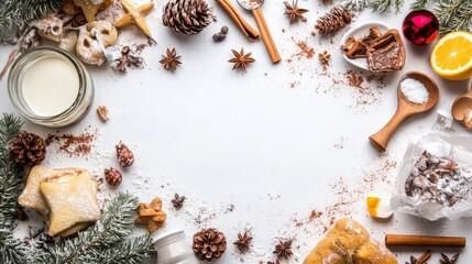 Festive holiday baking scene with various ingredients, spices, and decorations arranged on a white surface, creating a warm atmosphere for seasonal celebrations and culinary creativity