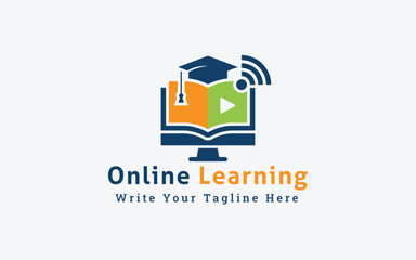 Digital Online Learning Vector Logo Illustration, Computer Monitor Book Hybrid with Wifi and Graduation Cap.