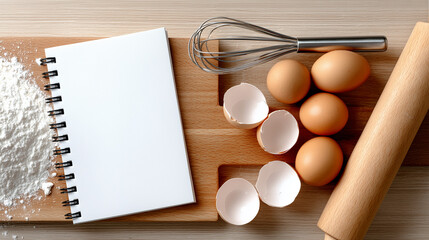 Top-View Kitchen Baking Mockup with Blank Notepad on Flour-Dusted Board


