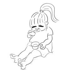 アイスを食べる女の子（線画）