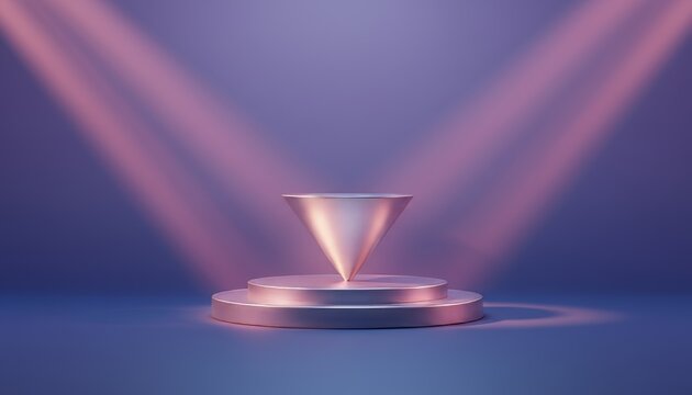 Shiny silver podium with cone shape stage light isolated presentation object