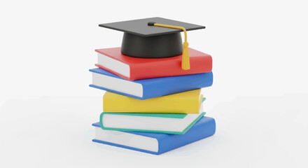 Isolated stack of books with graduation cap and diploma representing education and success at college or university