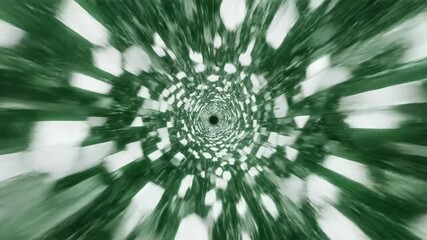 Rapid travel through an endless tunnel constructed of bright evolving white and green geometric shapes creating a high-speed blank wormhole effect space travel, infinite path, time travel - Powered by Adobe