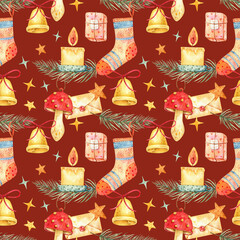 Seamless watercolor pattern with Christmas elements: candles, bells, socks, gifts and pine branches. Perfect holiday background for wrapping paper, textiles, cards and cozy Christmas background design