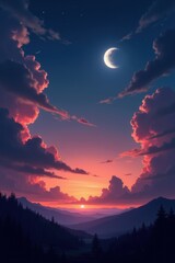 Beautiful twilight sky with crescent moon and colorful clouds over rolling hills