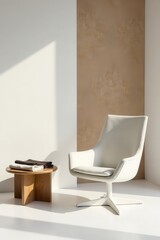 Fototapeta premium Sunlit Modern Minimalist Room Interior Featuring Comfortable Swivel Chair and Simple Wooden Side Table
