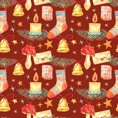 Seamless watercolor pattern with Christmas elements: candles, bells, socks, gifts and pine branches. Perfect holiday background for wrapping paper, textiles, cards and cozy Christmas background design