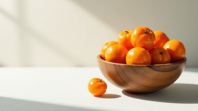 Sunlit wooden bowl overflowing with vibrant, ripe orange fruits, one additional fruit rests nearby on a bright surface.