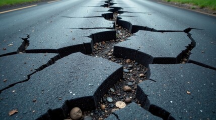 A fractured asphalt road surface reveals a network of deep cracks filled with small stones and pebbles, creating a textured pattern of disintegration and decay