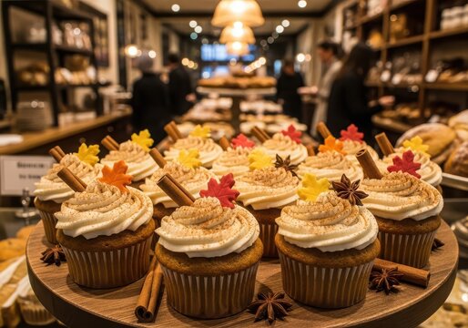Autumnal pumpkin spice cupcakes with cinnamon sticks and maple leaf decorations on display