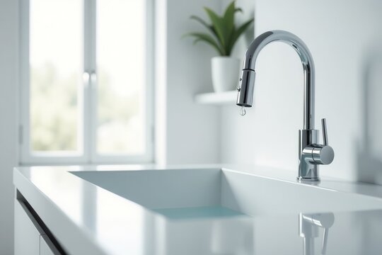 Modern Minimalist Kitchen Sink with Chrome Faucet and a Single Droplet of Water - Powered by Adobe