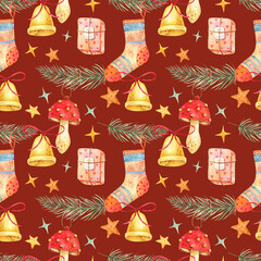 Seamless watercolor pattern with Christmas elements: candles, bells, socks, gifts and pine branches. Perfect holiday background for wrapping paper, textiles, cards and cozy Christmas background design
