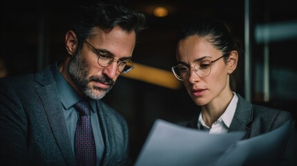 Professional Business Man and Woman Reviewing Documents in Modern Office Setting