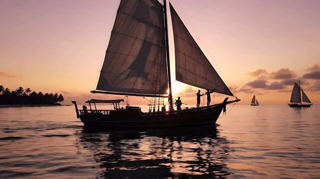 Sailboat at sunset over calm water with people silhouetted against the sky, a tropical island in the distance