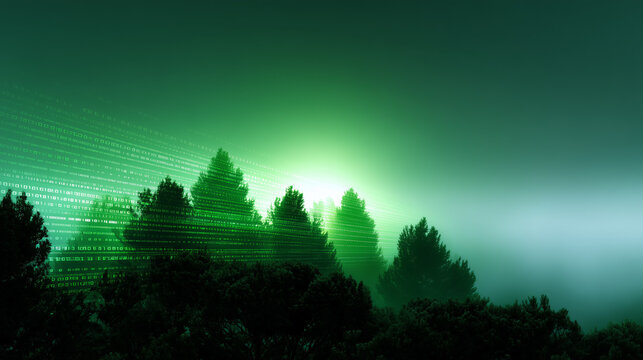 Digital Forest Silhouette Made of Glowing Green Code with Light Break


