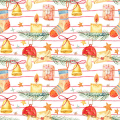 Watercolor seamless pattern with Christmas elements: bells, socks, gifts and pine branches. Perfect holiday background for wrapping paper, textiles and Christmas background designs.