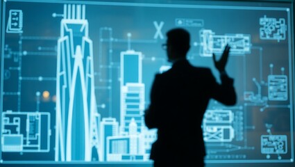 Generative AI architect reviewing digital blueprints of futuristic skyscrapers.
