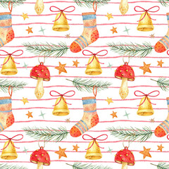 Watercolor seamless pattern with Christmas elements: bells, socks, gifts and pine branches. Perfect holiday background for wrapping paper, textiles and Christmas background designs.