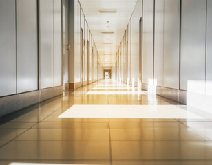 Obraz premium Empty Modern Corridor with Bright Sunlight and White Walls Architectural Interior, Perspective View, Pathway, Building Space