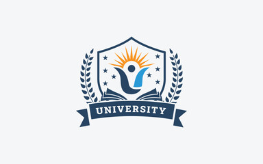 Prestigious University Shield Vector Logo Illustration, Abstract Sun Person and Laurel Wreath Education Emblem