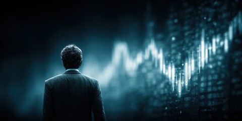 Silhouette of a businessman and blue stock chart lines