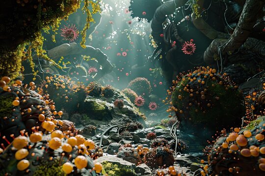 3D render of microscopic virus particles floating in glowing red plasma.