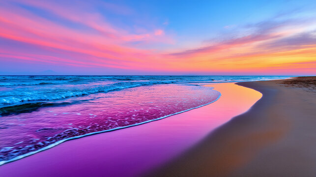 Calm Evening Beach with Warm Pink Twilight Sky and Glowing Waves