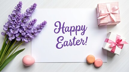 Happy easter greeting with lavender flowers and gift boxes flat lay