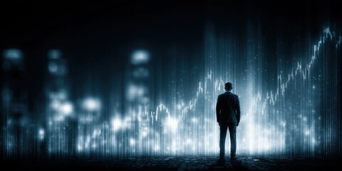 Silhouette of a businessman and blue stock chart lines