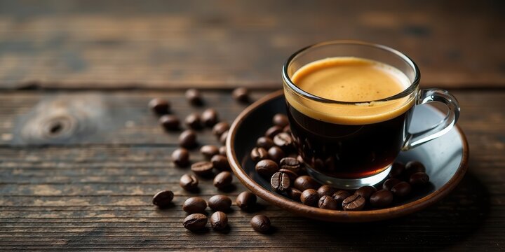 Aromatic Espresso in a Crystal Cup Resting on a Rustic Wooden Surface with Scattered Coffee Beans