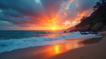Dramatic sunset over a tropical beach with crashing waves and colorful sky