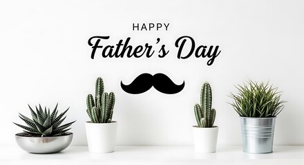 Happy father's day greeting card design with text, a black mustache icon, and potted succulents on a white background. celebrates dad.
