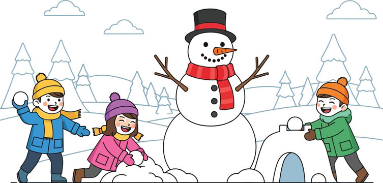 Winter fun snow snowman kids playing snowballs igloo cartoon illustration