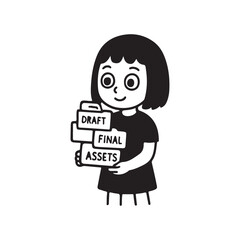 Young girl holding a stack of folders with labels like Draft Final and Assets representing work in progress and completed tasks.