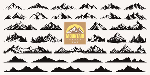 Fototapeta premium Mountain silhouette, summer forest camping icon and hill hiking logo collection. Winter nature background or mountain line art with christmas tree. Adventure sticker or symbol idea for travel business