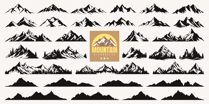 Mountain silhouette, summer forest camping icon and hill hiking logo collection. Winter nature background or mountain line art with christmas tree. Adventure sticker or symbol idea for travel business